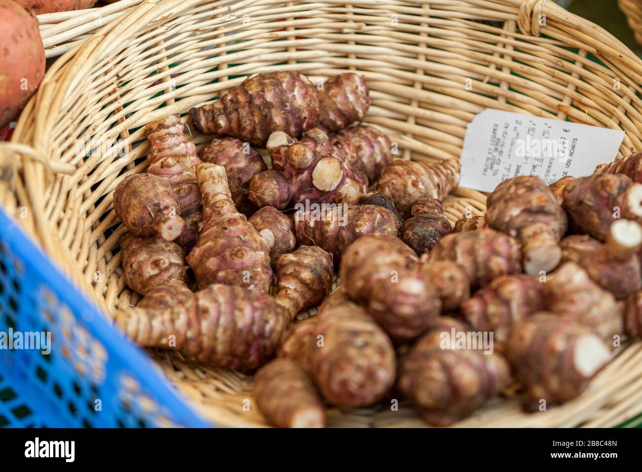 Jerusalem artichokes for sale in a farmers' market in Epernay, France