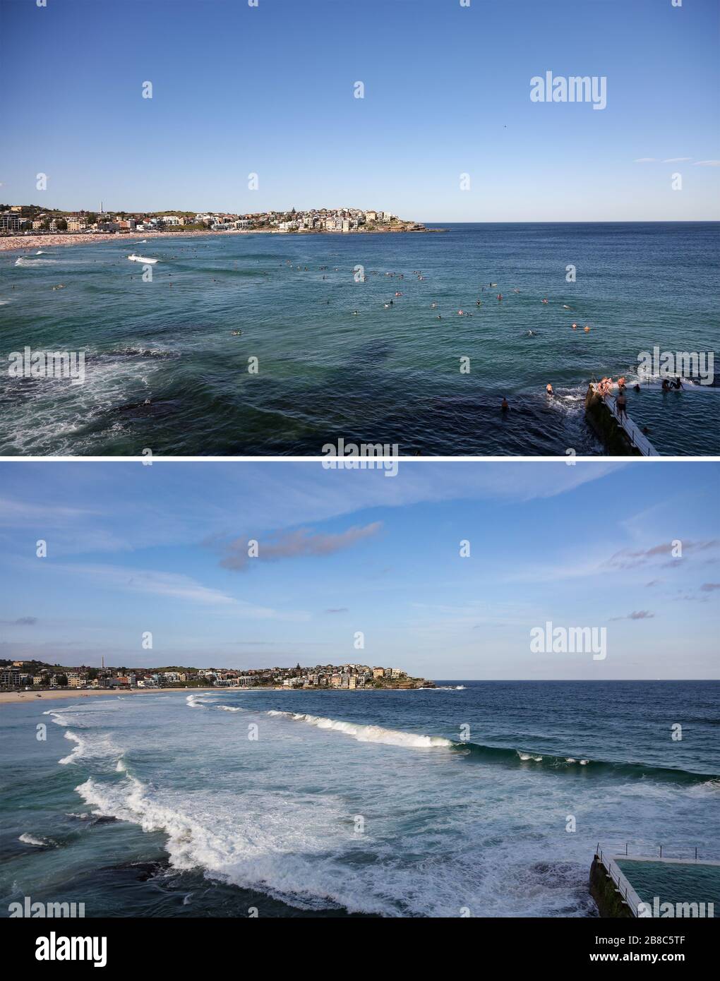 (200321) -- SYDNEY, March 21, 2020 (Xinhua) -- The combo photo shows people swimming in the sea at the Bondi Beach on March 20, 2020 (up) and the empty swimming area of the closed Bondi Beach on March 21, 2020 in Sydney, Australia. Australia's iconic Bondi Beach was closed after hundreds of beachgoers crowded on the sand on Friday ignoring the ongoing social distancing guidelines. Police Minister of the State of New South Wales David Elliott ordered the beach in Sydney to be shut down on Saturday afternoon. There have been 874 confirmed cases of COVID-19 in Australia as of 6:30 a.m. local tim Stock Photo