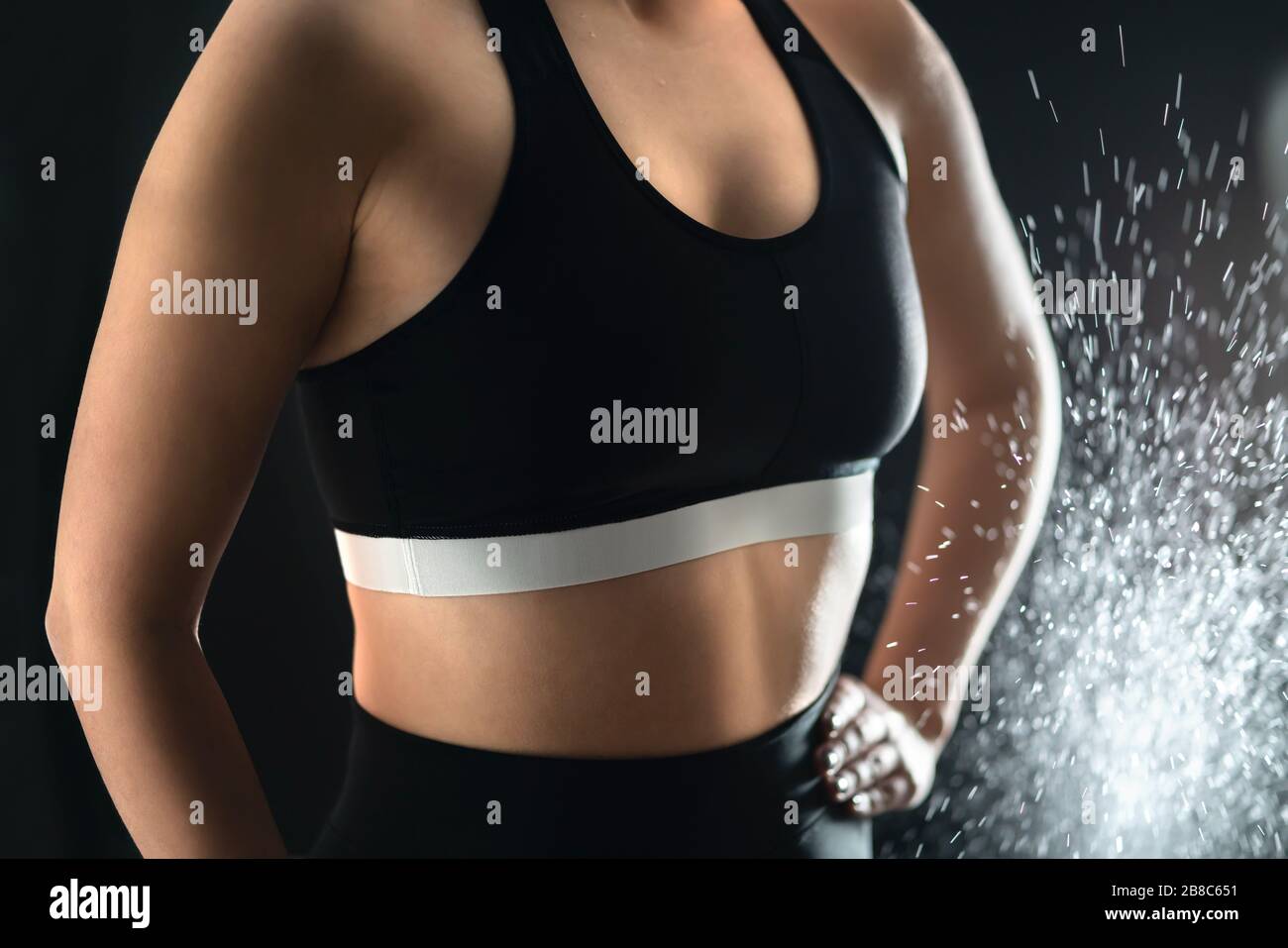 Fit woman in workout clothes. Weightlifting, gym training and fitness concept. Confident lady in sportswear and sports bra. Strong female weightlifter. Stock Photo