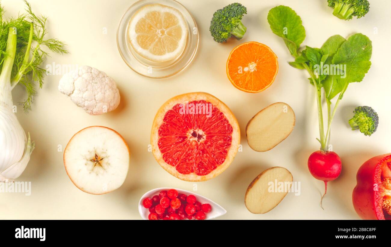 Healthy fruits and vegetables, foods rich in Vitamin C, antioxidants and strengthening immunity