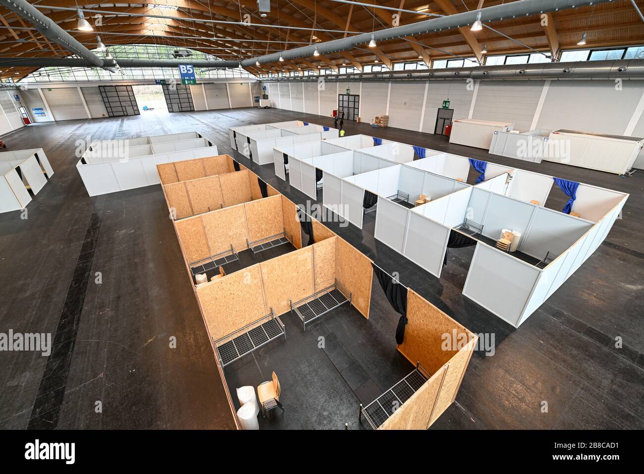 Ravensburg Germany 21st Mar 2020 Bedsteads Chairs And Mattresses Are Located In Various Cabins In One Of The Exhibition Halls The Lake Constance District Is Setting Up Emergency Accommodation In The Exhibition