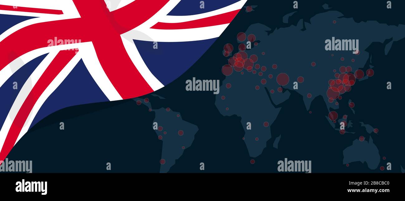 Corona virus covid-19 pandemic outbreak world map spread with flag of UK England United Kingdom illustration Stock Vector
