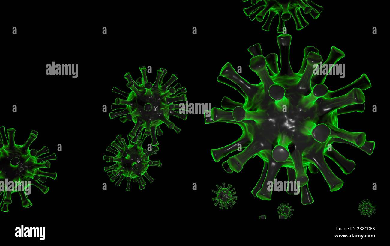 China pathogen respiratory coronavirus 2019-ncov flu outbreak 3D medical illustration. Microscopic view of floating influenza virus cells. Dangerous c Stock Photo