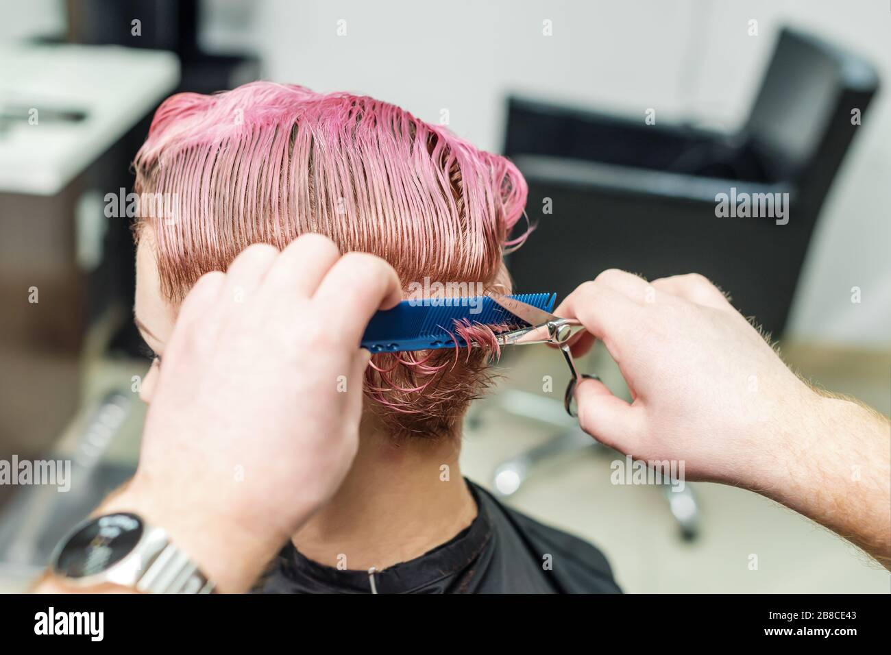 Woman having her haircut by hairdresser close up Stock Photo Alamy