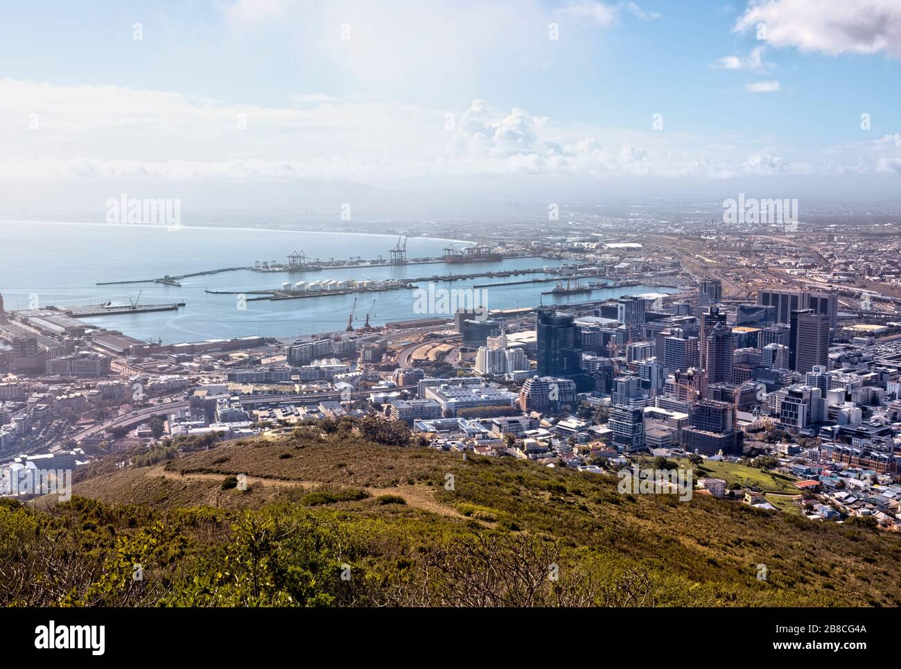 View over the city of Cape Town, Table Bay Harbour and onwards; taken from Signal Hill. Stock Photo