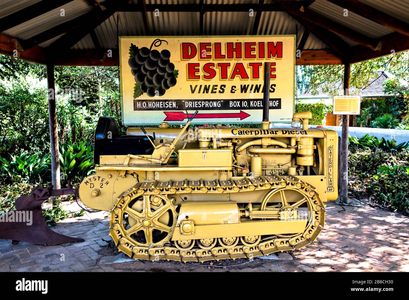 An icon of Delheim Wine Farm, an ancient but well preserved Caterpillar D2 tractor painted mustard yellow stands at the entrance to the winery Stock Photo