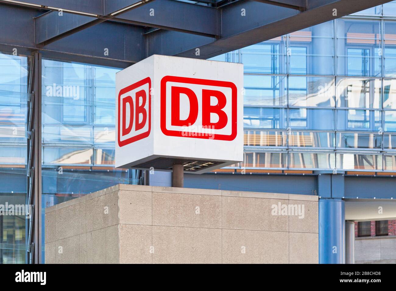 Berlin, Germany - June 02 2019: Deutsche bahn sign at the entrance of the Berlin main station (German: Berlin Hauptbahnhof). Stock Photo