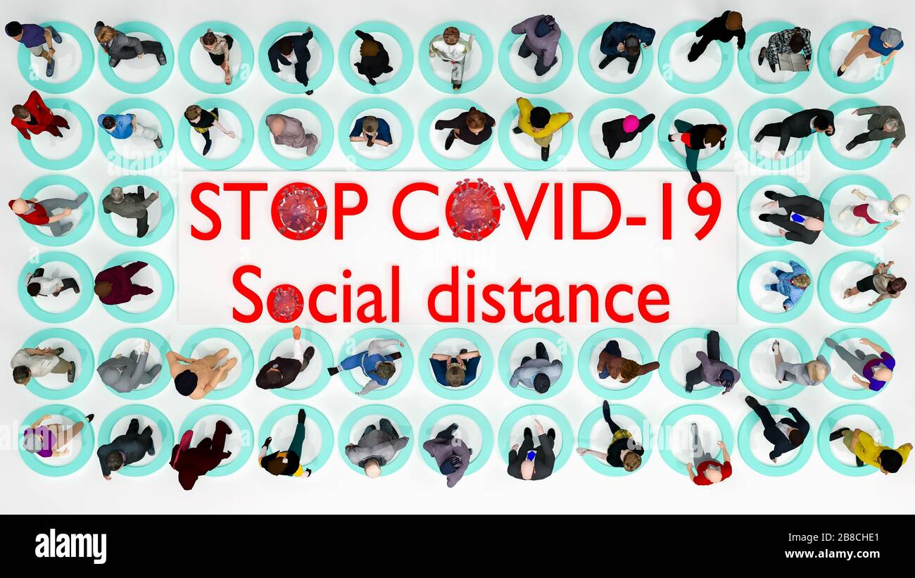 Social distance prevention infection from coronavirus concept : Top view of 1-2 meter between person to stop spreading of respiratory virus concept Stock Photo