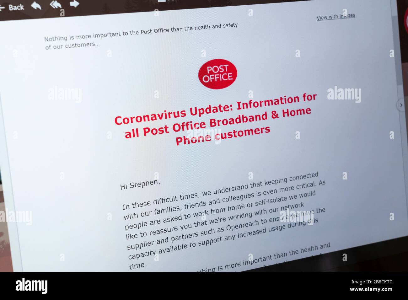 A coronavirus update email from the post office for broadband and home phone customers informing about keeping connected during self isolation, UK Stock Photo