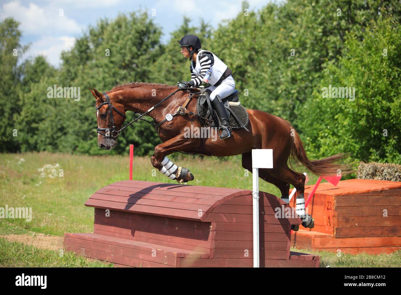 Unidentified rider on horse is overcomes the obstacle at the International Eventing Competition CCI3*/2*/1* Russian Cup Eventing Stock Photo
