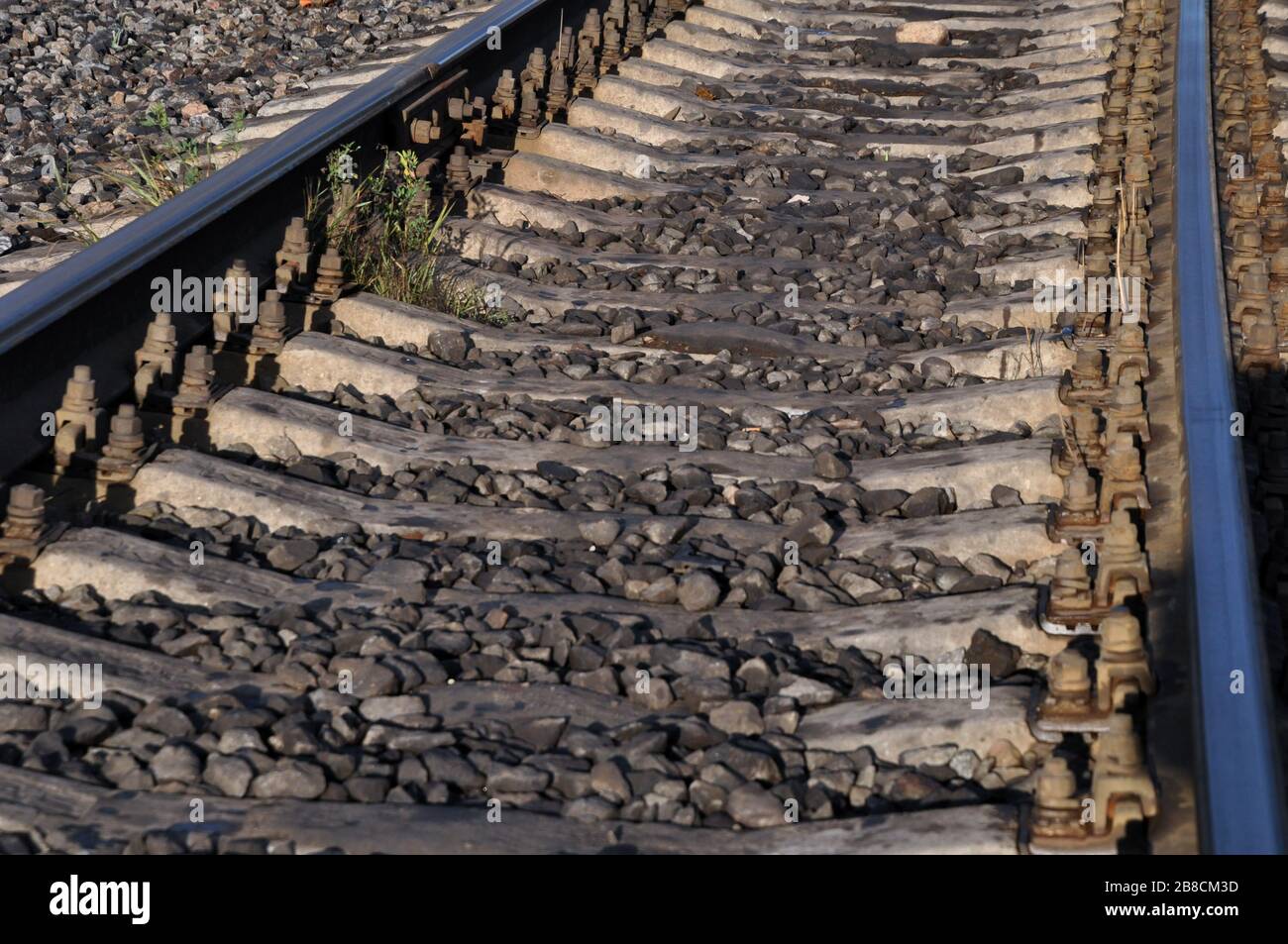 Closeup view  of a rail track. Stock Photo
