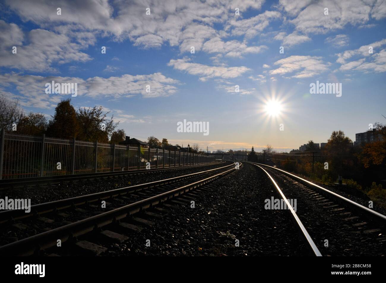 Morning autumn landscape with a railroad. Stock Photo