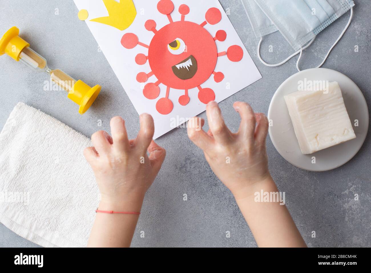 child hands in soap frighten drawn corona virus covid-19 Hand washing with soap to prevent virus concept Stock Photo