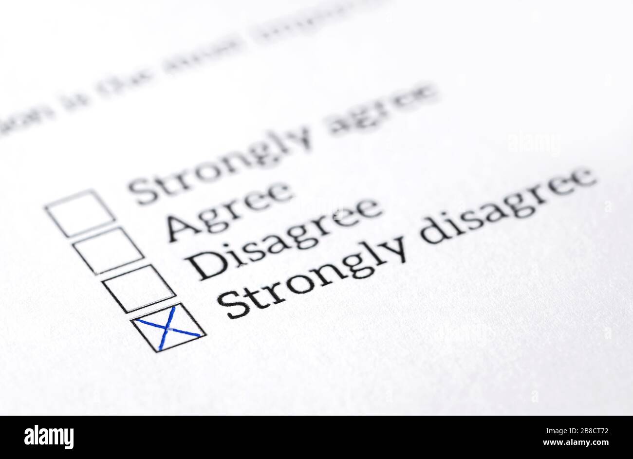 Disagree box checked in opinion poll, survey and questionnaire. Negative answer in politics or human resources employee feedback. Stock Photo