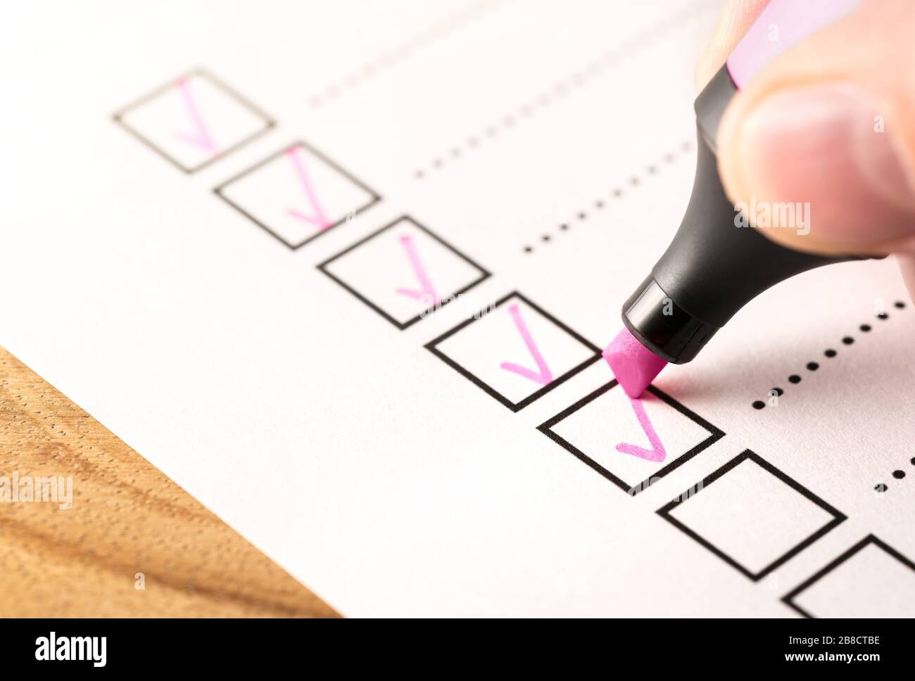 Checklist, keeping score of obligations or completed tasks in project concept. Check list document of finished work duties, progress or agenda. Stock Photo