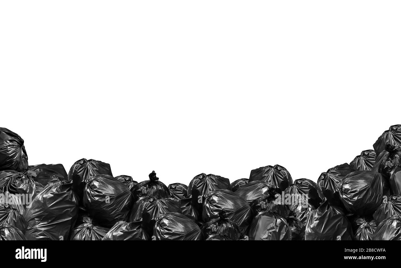 pile of garbage bag black isolated white background and copy space for banner, trash, bin, Garbage bag, pollution from rubbish bag plastic concept Stock Photo