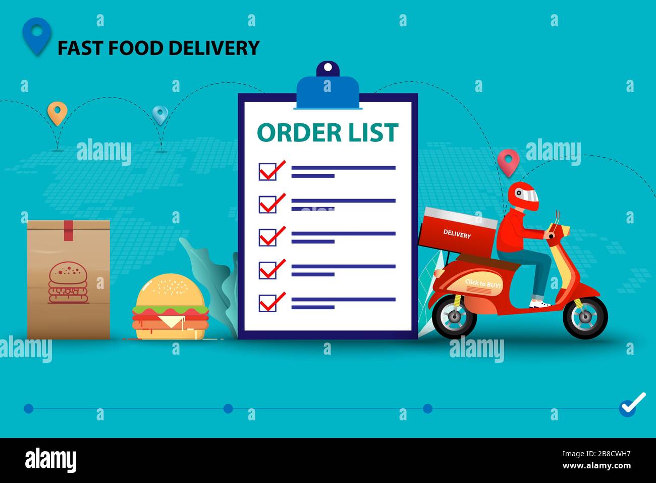 Concept of fast food delivery service, man riding a scooter near order