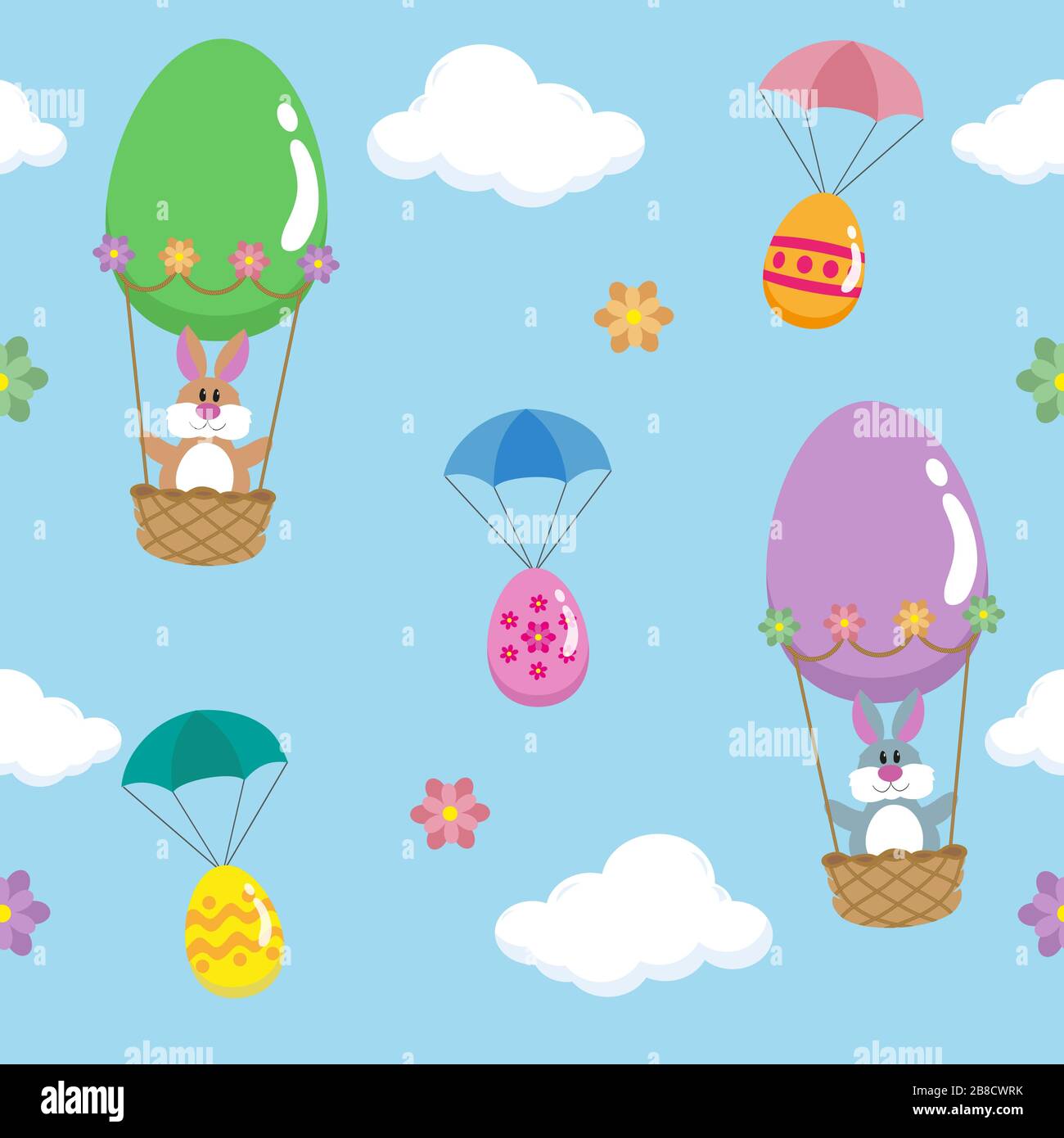 Easter pattern with easter eggs and rabbits flying in a balloon Stock Photo