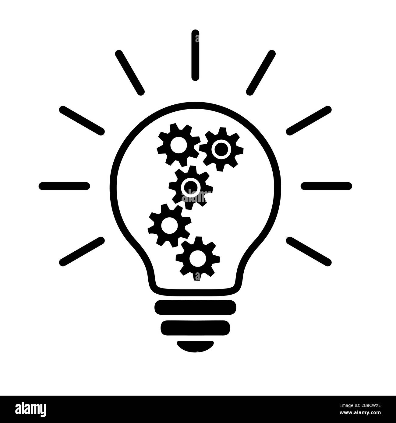 Light Bulb Linear Flat Icon. Lighting Electric Lamp With Cog And Gear  Wheels Inside And Rays, Simple Black Pictogram. Vector Graphic Design  Element Stock Vector Image & Art - Alamy