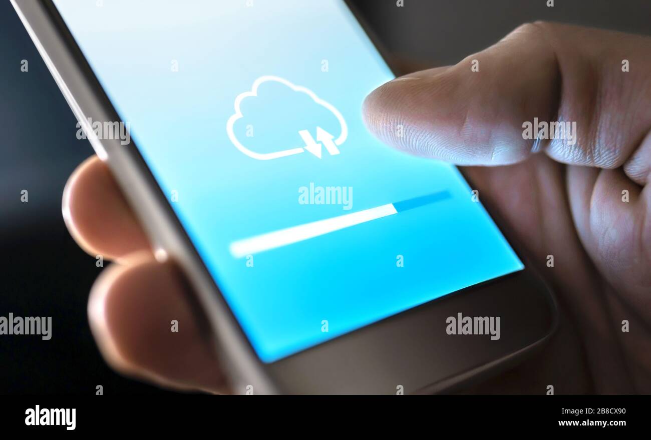 Cloud service for file storage and backup online. Data transfer in mobile phone app with modern wireless technology. Uploading, downloading or sync. Stock Photo