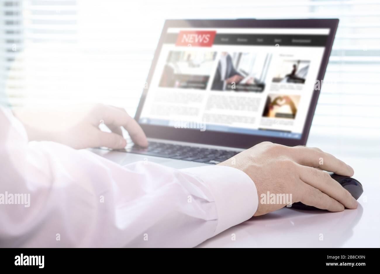 Reader, journalist or writer with online news article on laptop screen. Digital media portal mockup. Latest daily press. Editor writing. Stock Photo