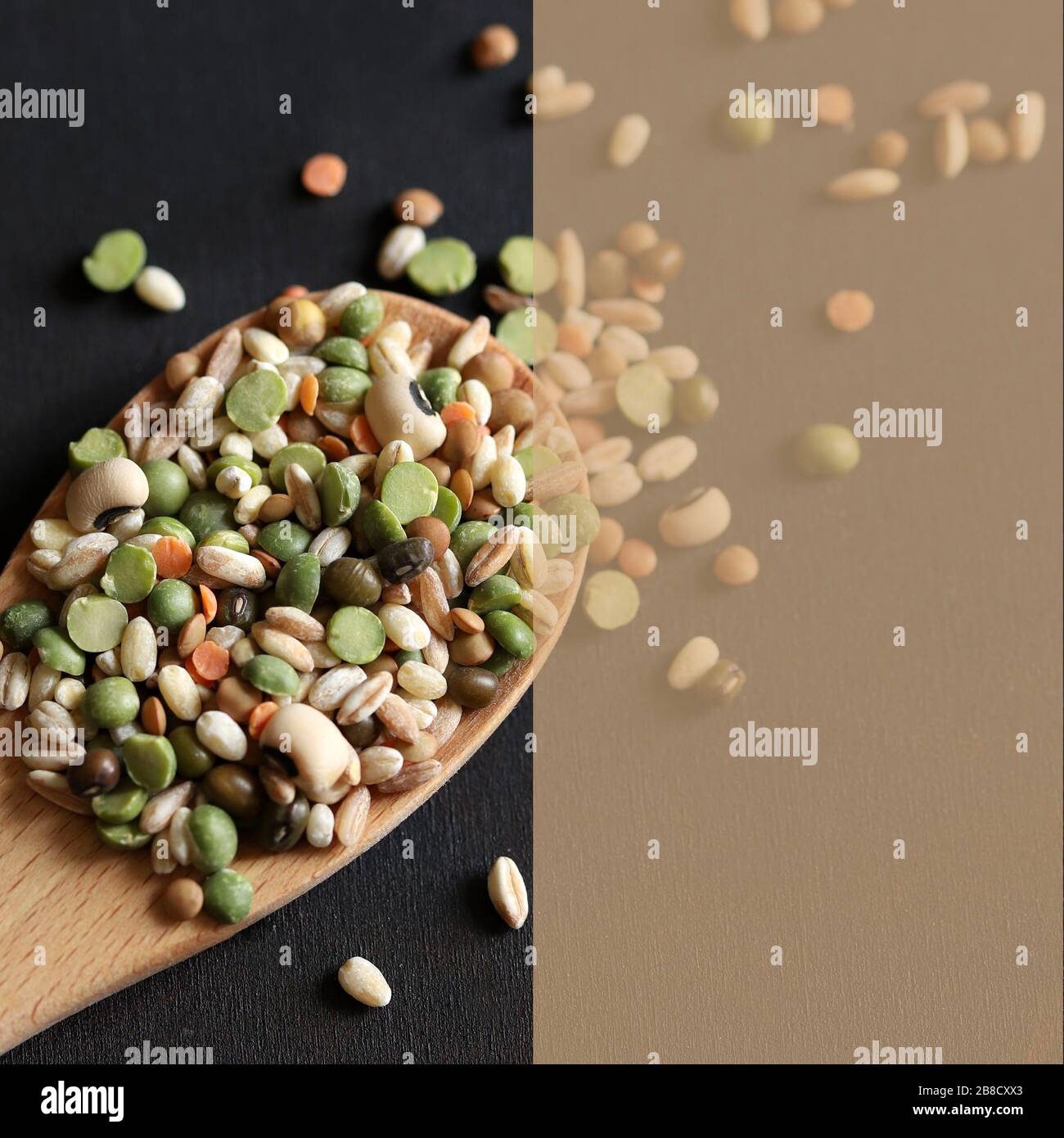 Mix of dried legumes in a wooden spoon. Top view. Semi-trasnparent color copy space. Stock Photo