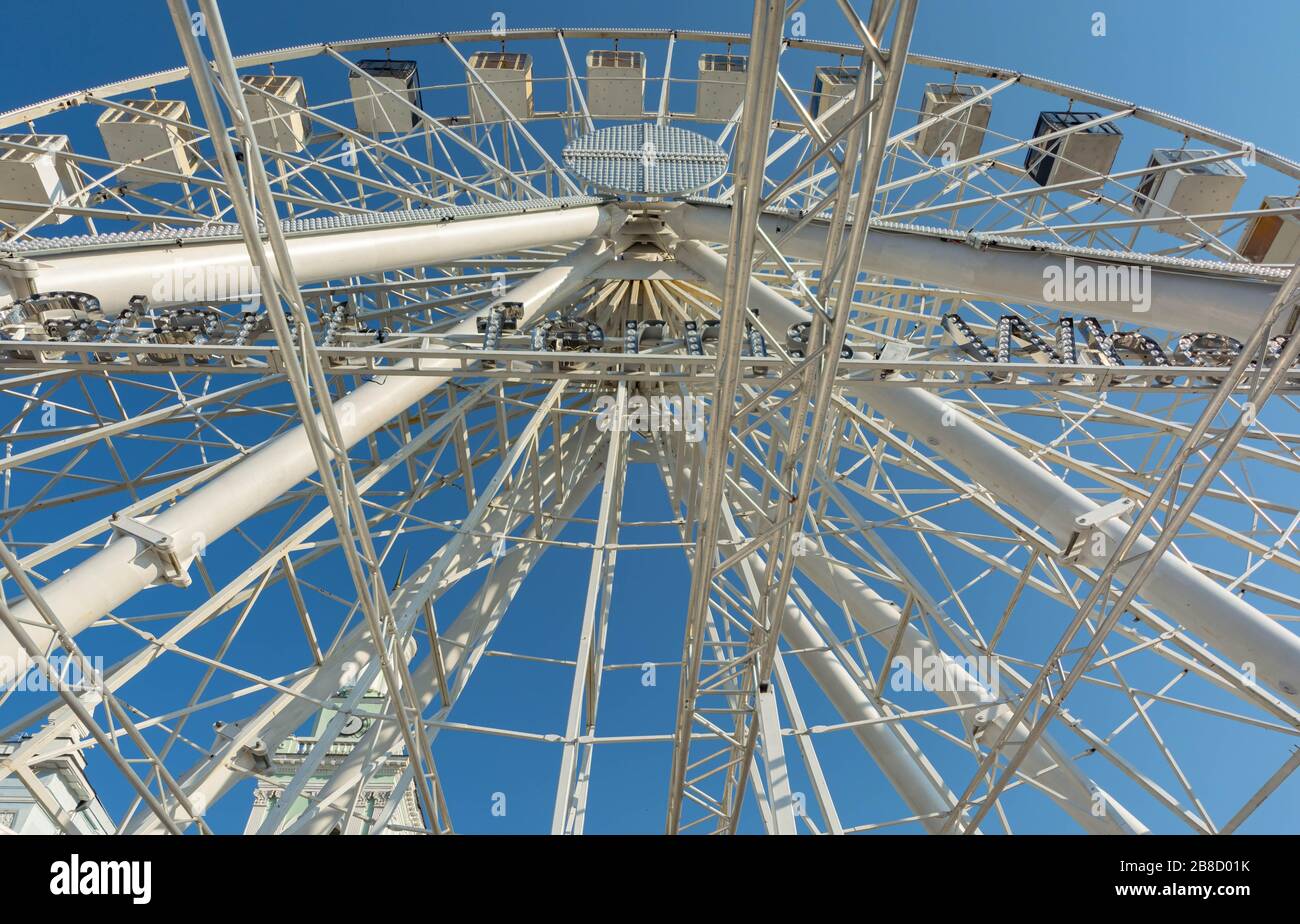 Ferris wheel metallic construction on bright blue sky background Stock ...