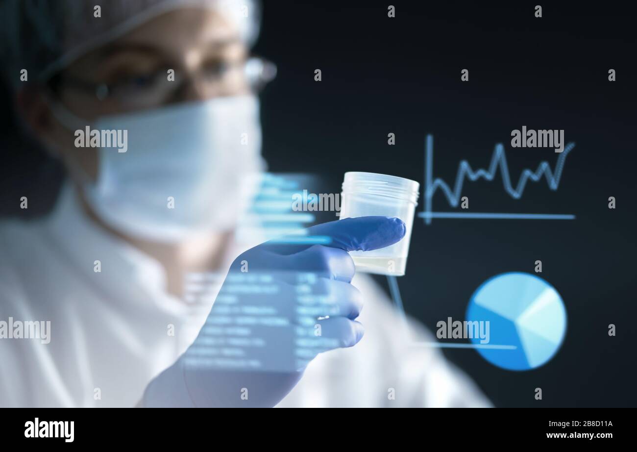 Medical research concept with futuristic AR screen information, smart technology and digital hologram interface. Laboratory test result, report. Stock Photo