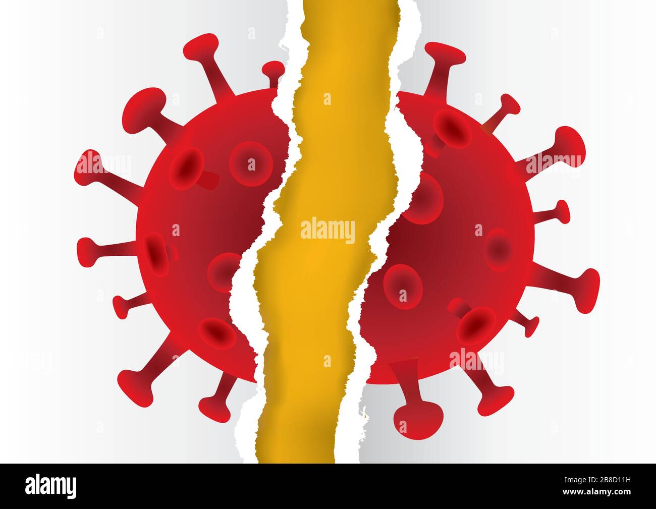 Ripped paper with Coronavirus image.  Expressive illustration symbolizing the destruction of coronavirus. Place for your text. Vector available. Stock Vector