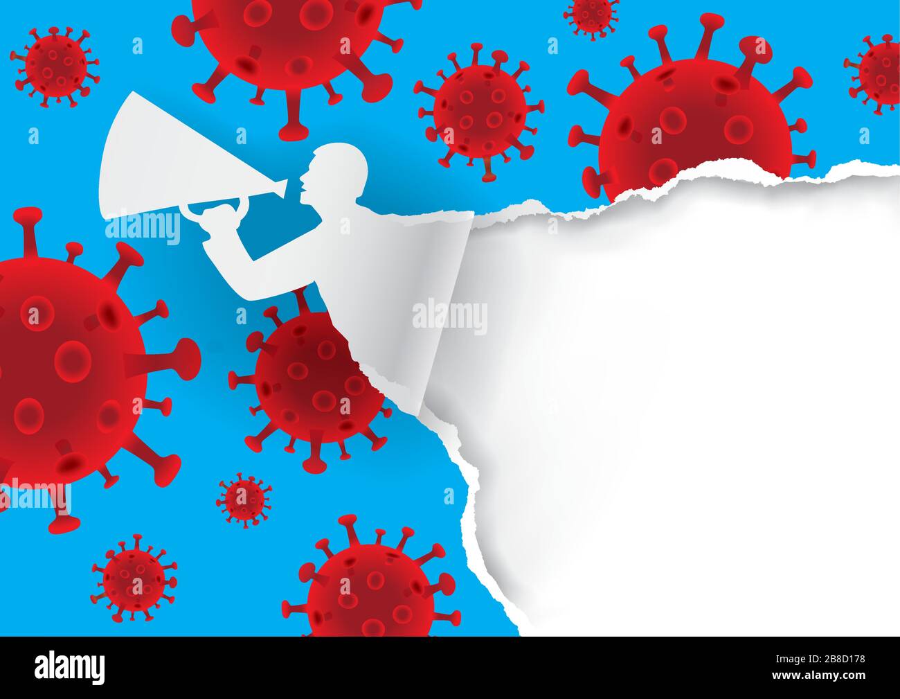 Man with megaphone ripped paper with Coronavirus symbols. Expressive Template for announcement for coronavirus pandemic theme. Place for your text. Stock Vector