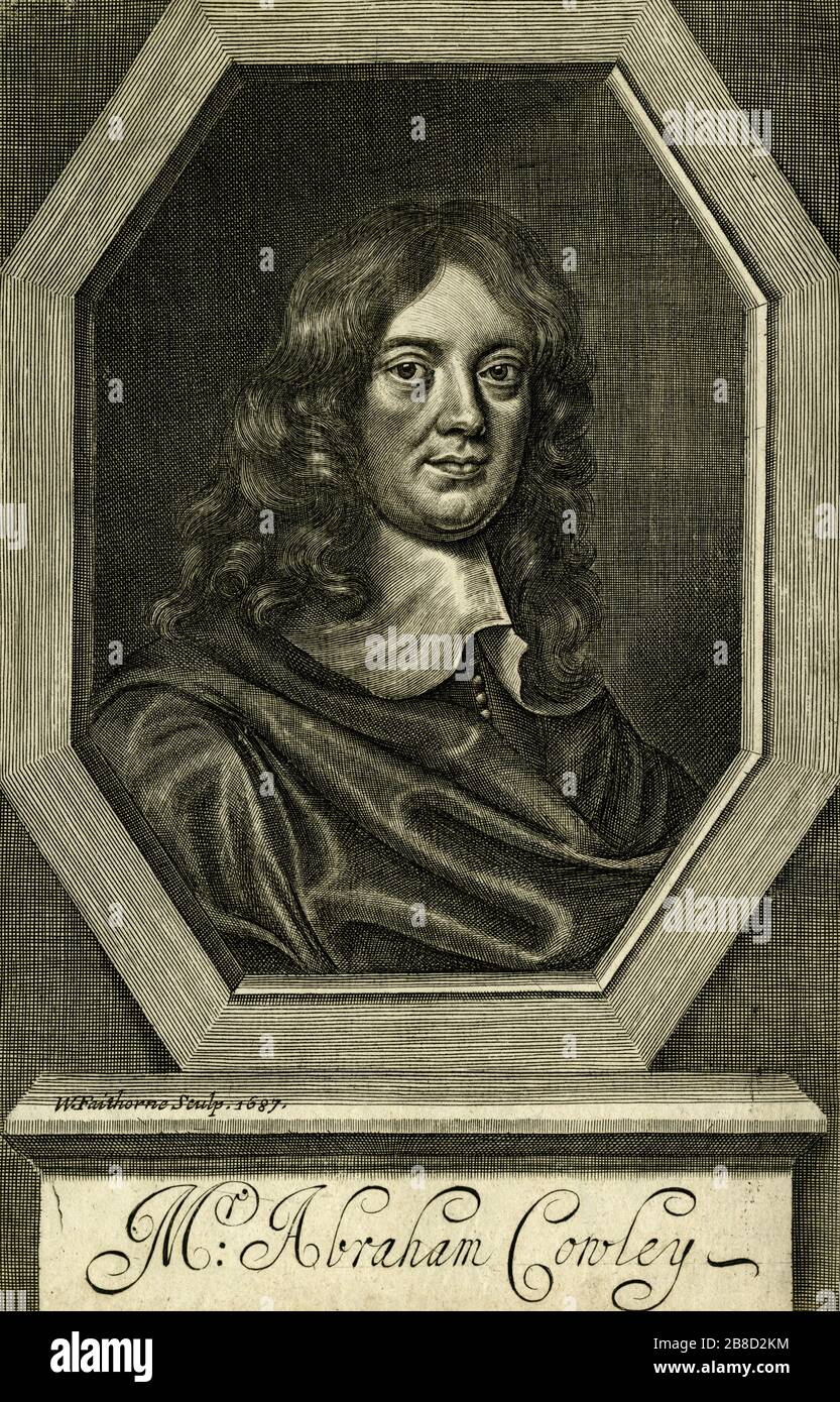 Abraham Cowley (1618-1667), English Cavalier poet, Royalist spy, Secretary to Queen Henrietta Maria and co-founder of the Royal Society. Engraving by English antiquarian and engraver, William Faithorne the Elder (1616-1691), after an original portrait by Mary Beale (1632-1697) or Sir Peter Lely (1618-1680). This engraving was first published in 1687. Stock Photo