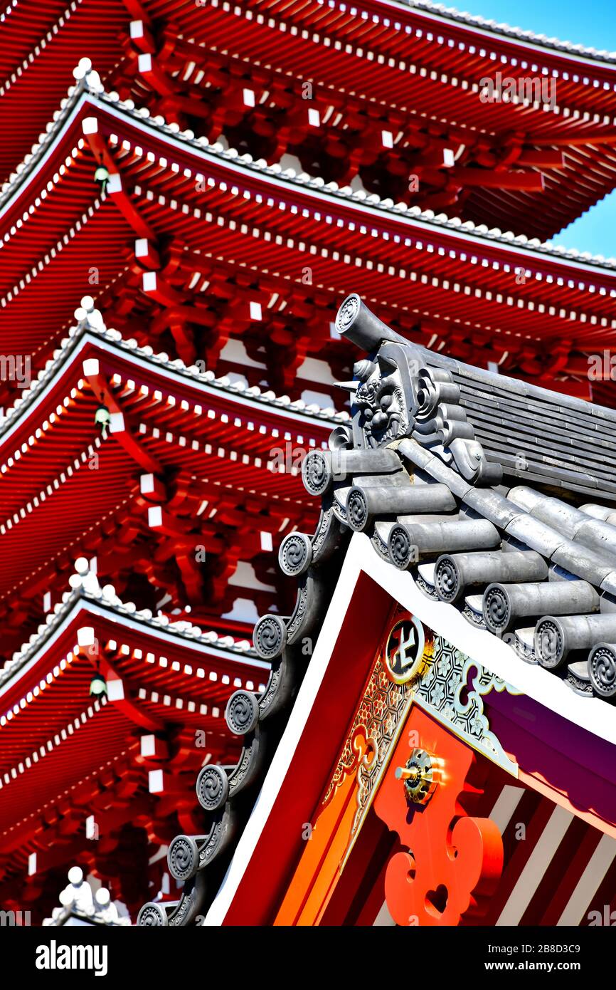 Close up photo of the roofs of the Sensoji Temple complex in the Asakusa area of Tokyo, Japan Stock Photo
