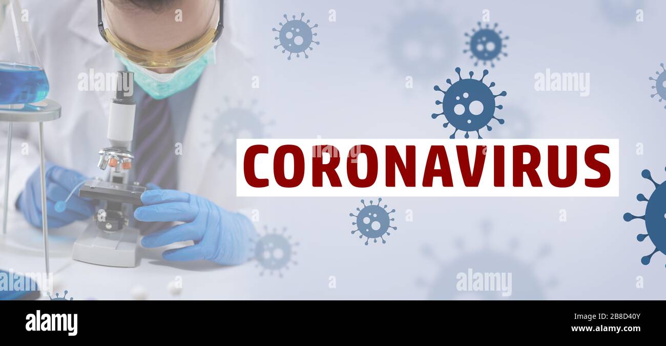 man scientist with mask doing a research with mircoscope, and coronavirus with virus illustration and copy space. Covid-19 global pandemic influenza c Stock Photo