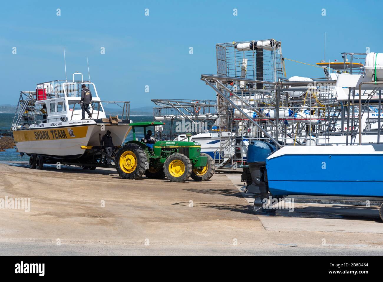 Kleinbaai, Western Cape, South Africa. Dec 2019. shark dive boats on