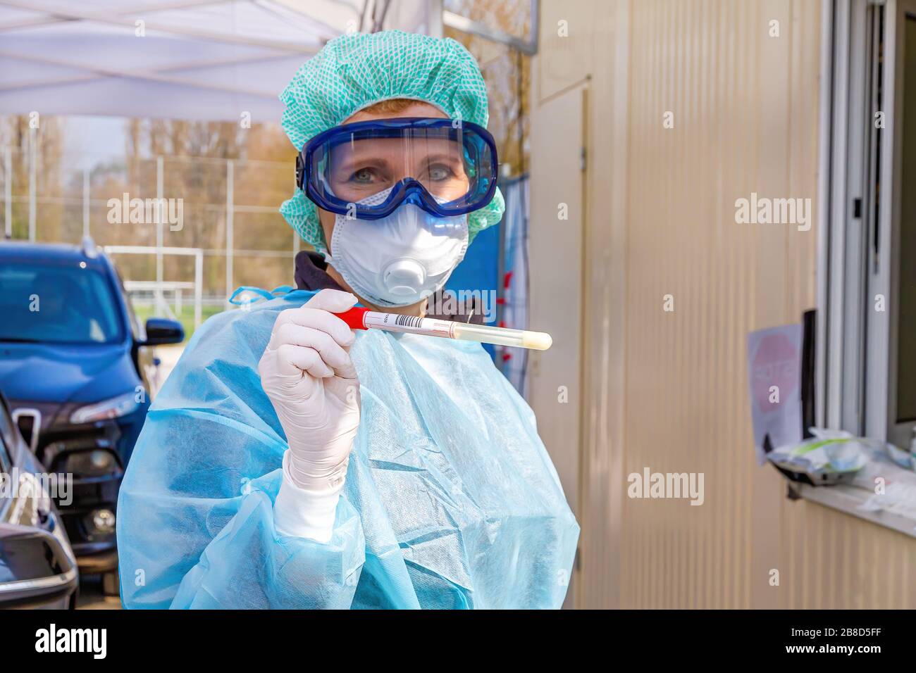 Nurse on a corona test station / drive-in, Nürtingen Germany Stock Photo