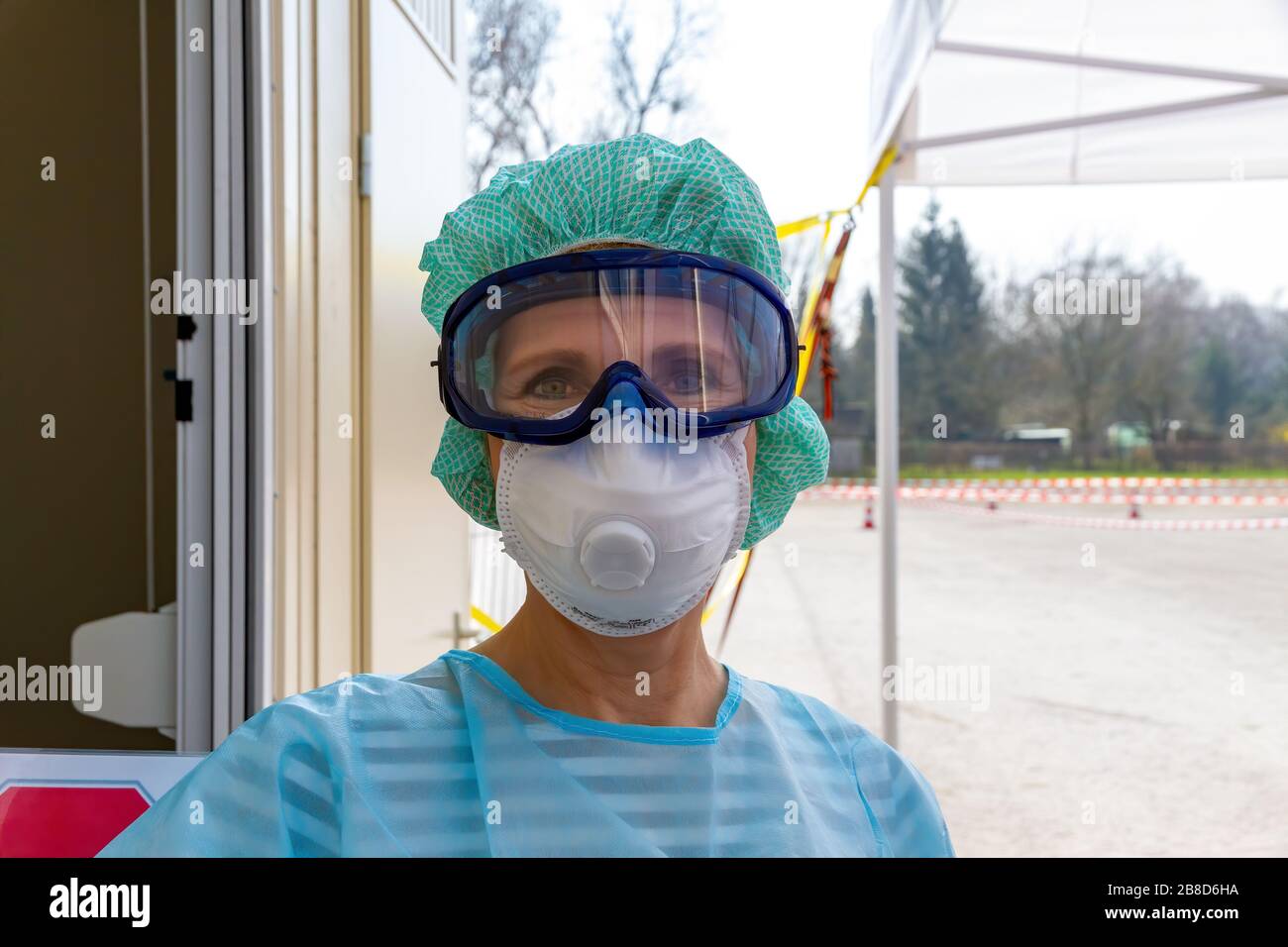 Nurse on a corona test station / drive-in, Nürtingen Germany Stock Photo
