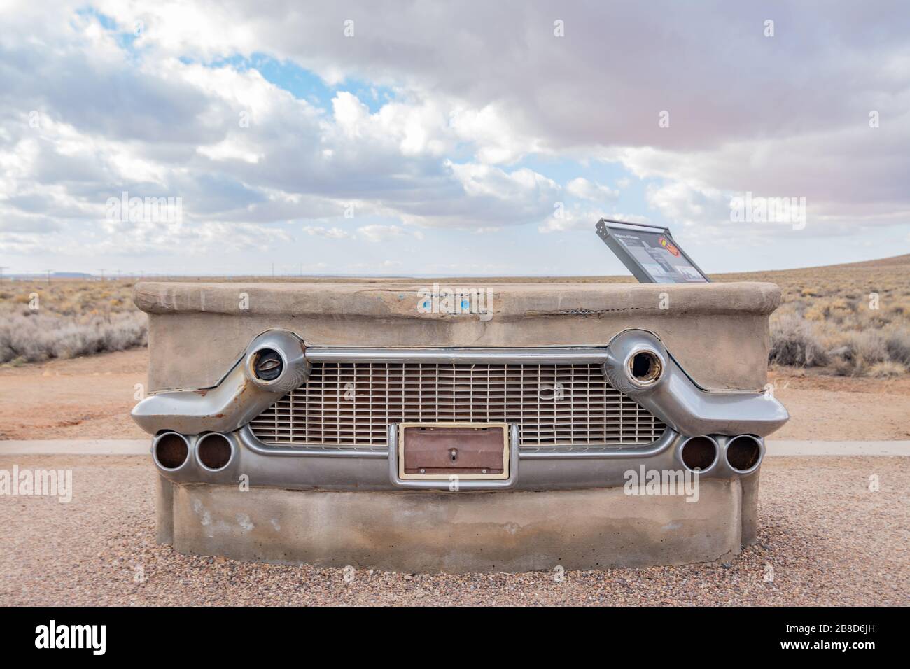 Chrome car bumper and grill encased in concrete at Route 66 Monument in the  Petrified Forest National Park Stock Photo - Alamy