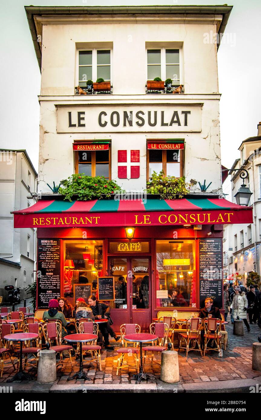 Paris, France. January, 28th, 2012. Restaurant Le Consulat in the Latin Quarter of Montmartre. Stock Photo