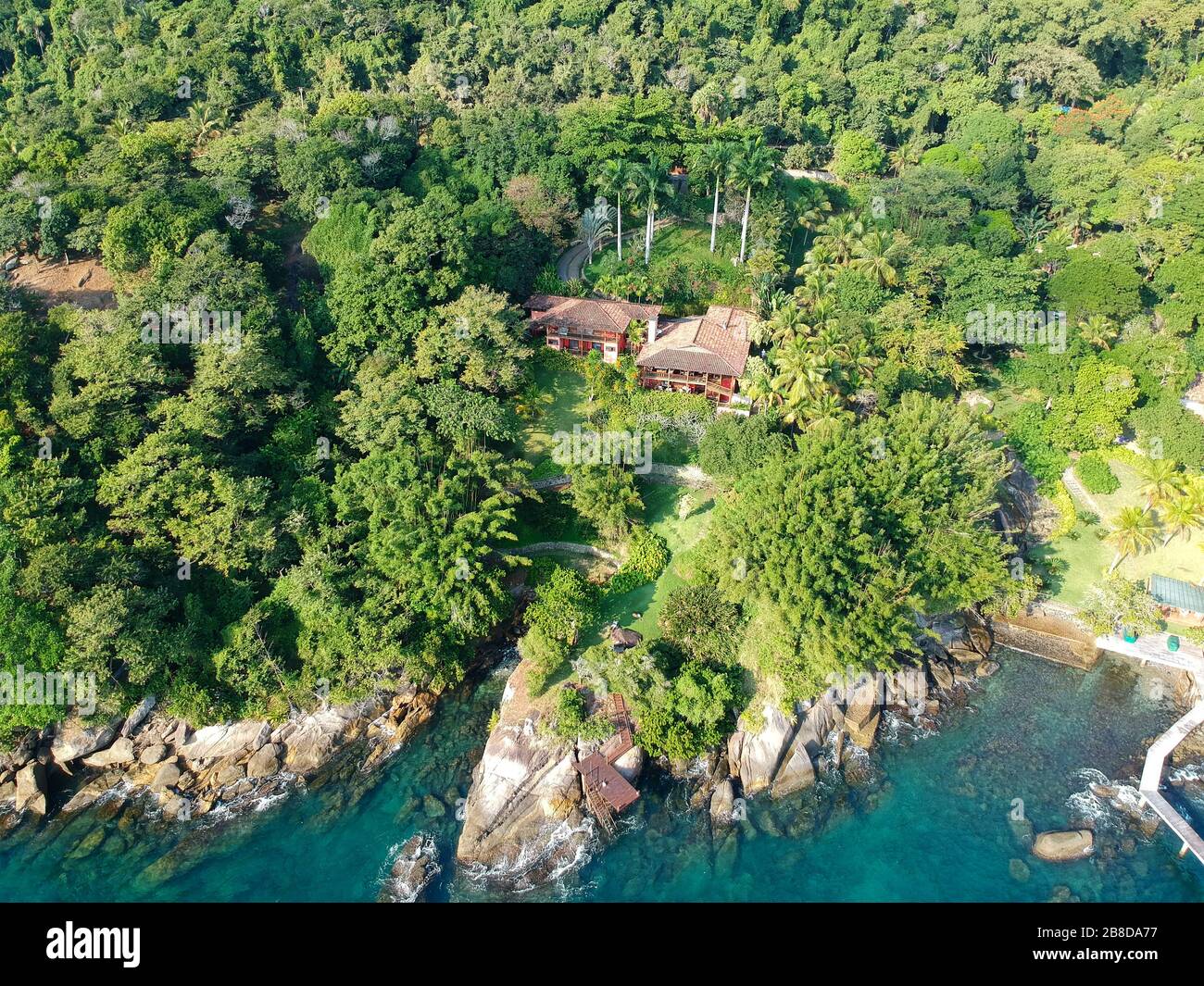 Image showcasing Aerial view of luxury house in tropical forest surrounded by trees and ...