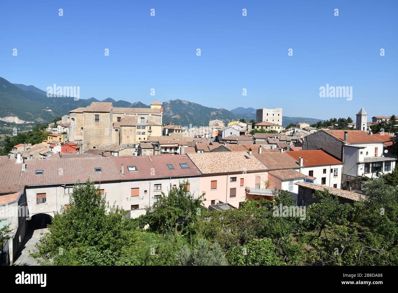 View of the village of Bagnoli Irpino with its medieval tower Stock Photo