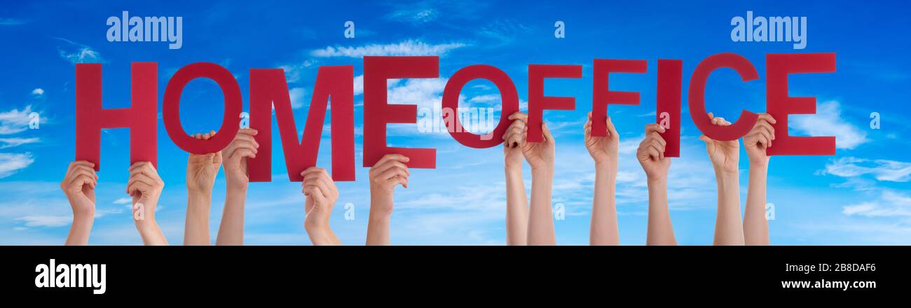 People Hands Holding Word Homeoffice, Blue Sky Stock Photo