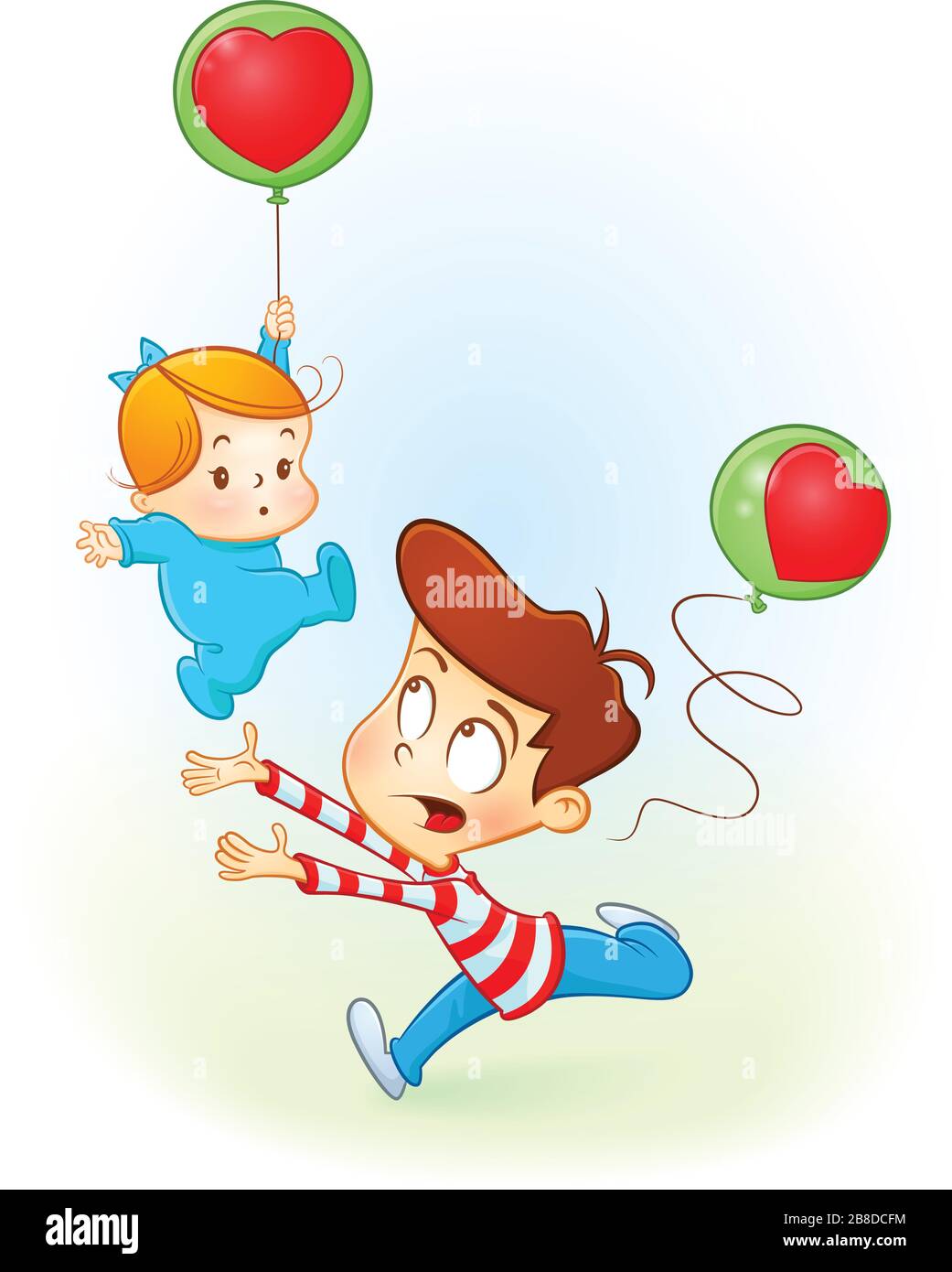 Cute little boy caring his newborn sister. Toddler kid meeting new born sibling. Infant baby girl falling down by a balloon and her big brother caring Stock Vector