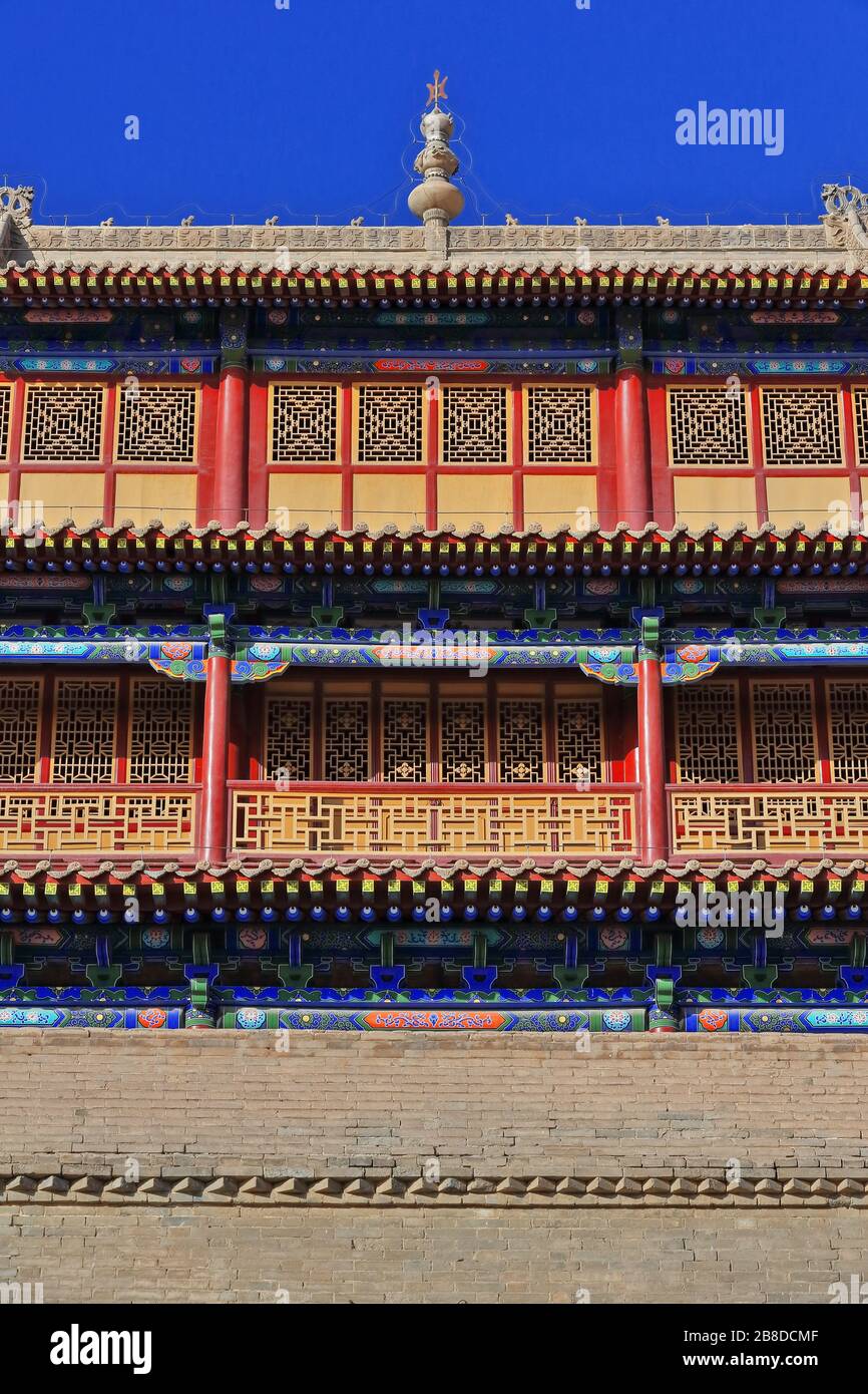 Three-story tower over Rouyuan Men-Conciliation Gate-western gate Jiayuguan fortress-Jiayuguan city-Gansu-China-0750 Stock Photo