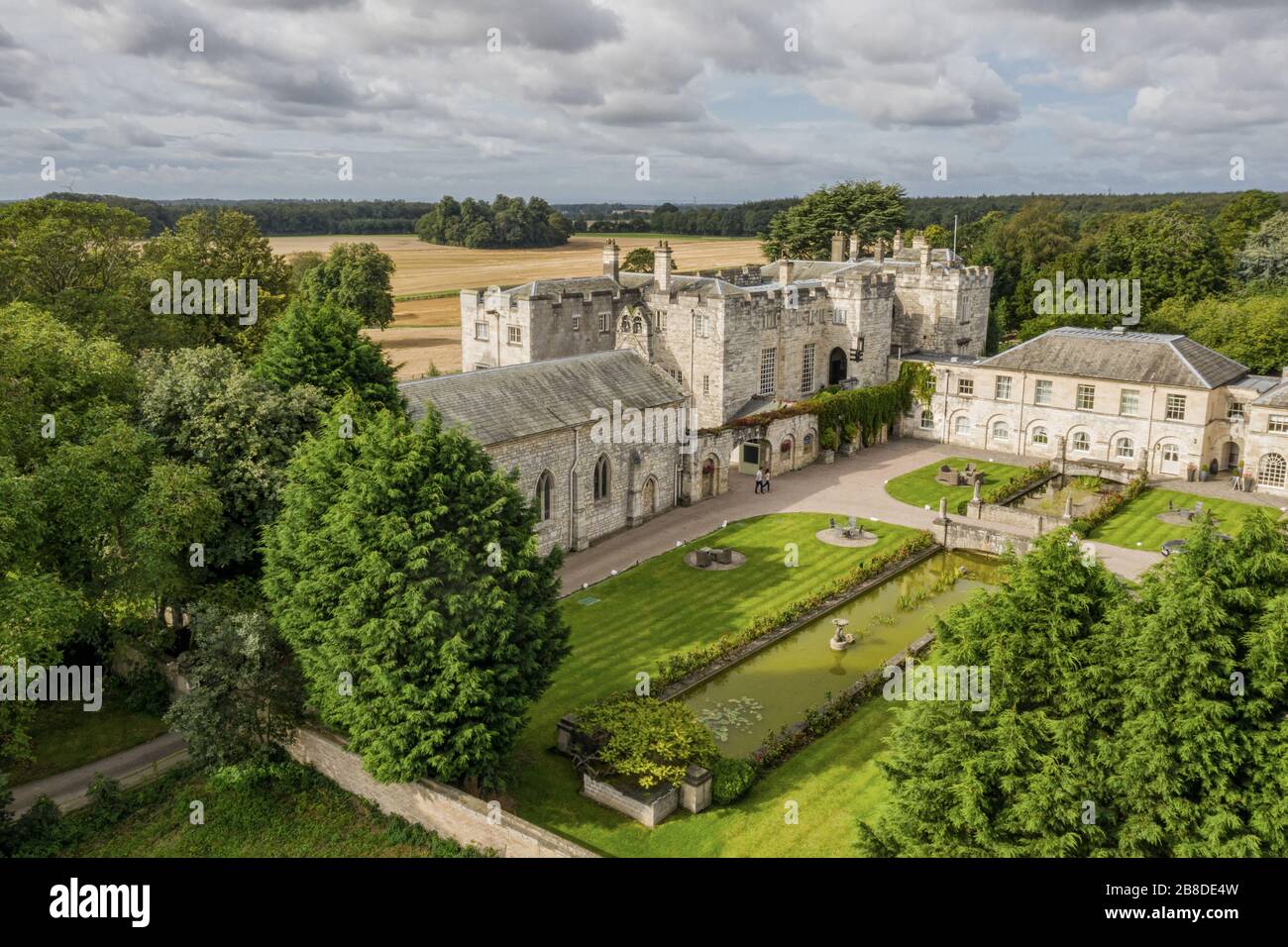 Hazlewood Castle Hotel and Spa, wedding venue and castle in Yorkshire located close to the A64 near Leeds and York. Summer view of the courtyard Stock Photo