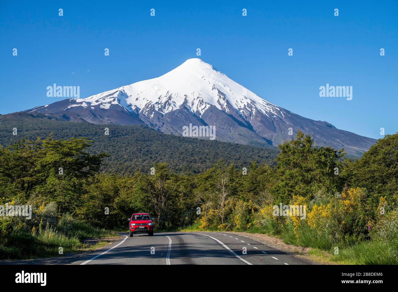 Car on the road to Osorno Volcano, Vicente Perez Rosales National Park