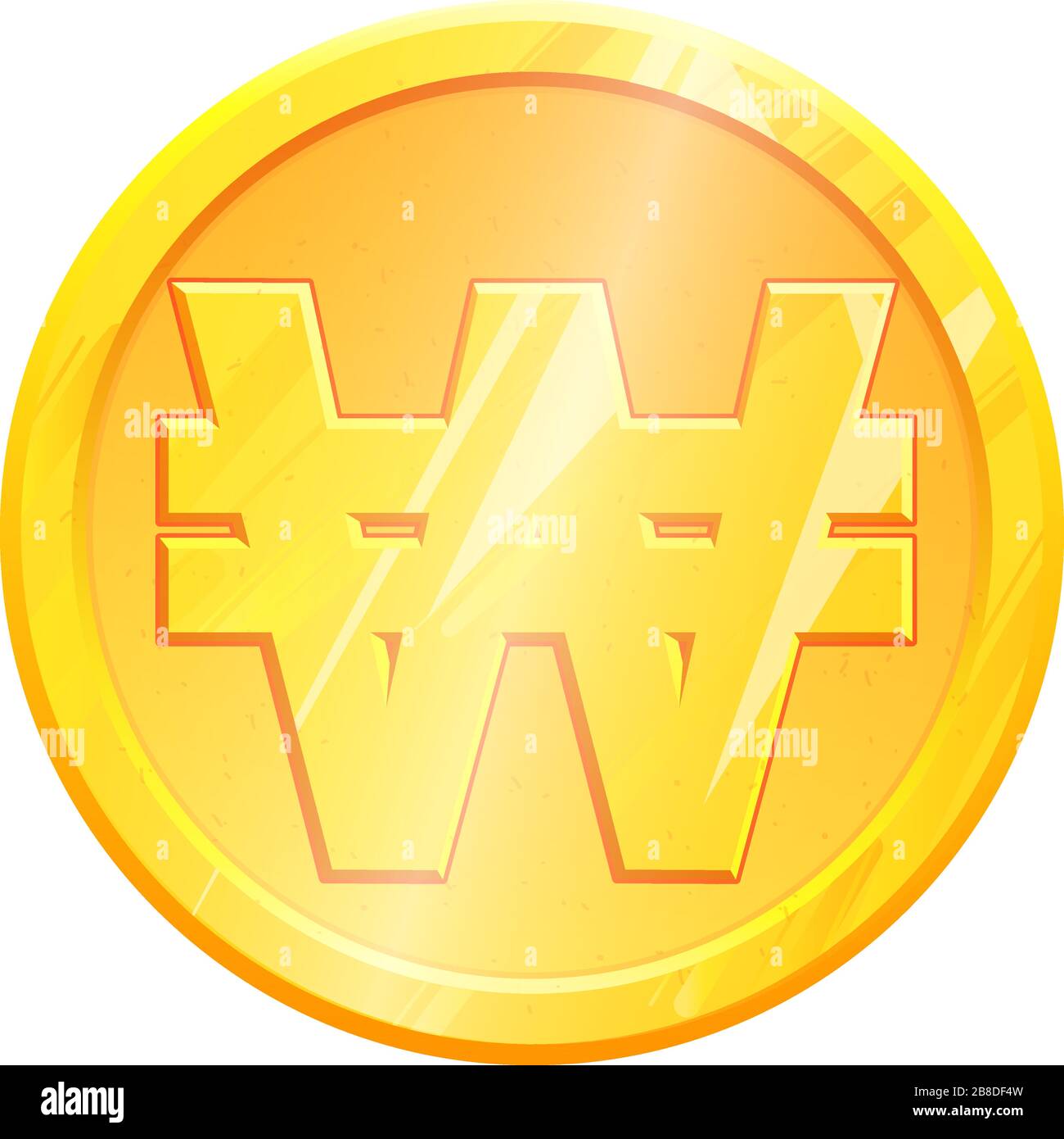 KRW Golden won coin symbol on white background. Finance investment concept. Exchange South Korean currency Money banking illustration. Business income earnings. Financial sign stock vector. Stock Vector