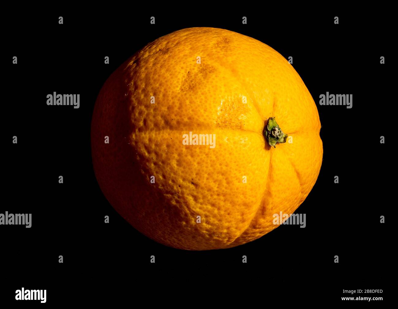 Close up image of an organic orange using a focus stacking technique that renders the subjects in sharp focus from front to back Stock Photo