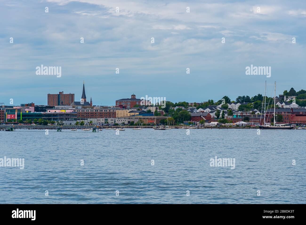 Portland, Maine Aug 11,2018: Amazing view of Portland Maine Downtown seen from the ferry while leaving from Portland, Maine USA Stock Photo