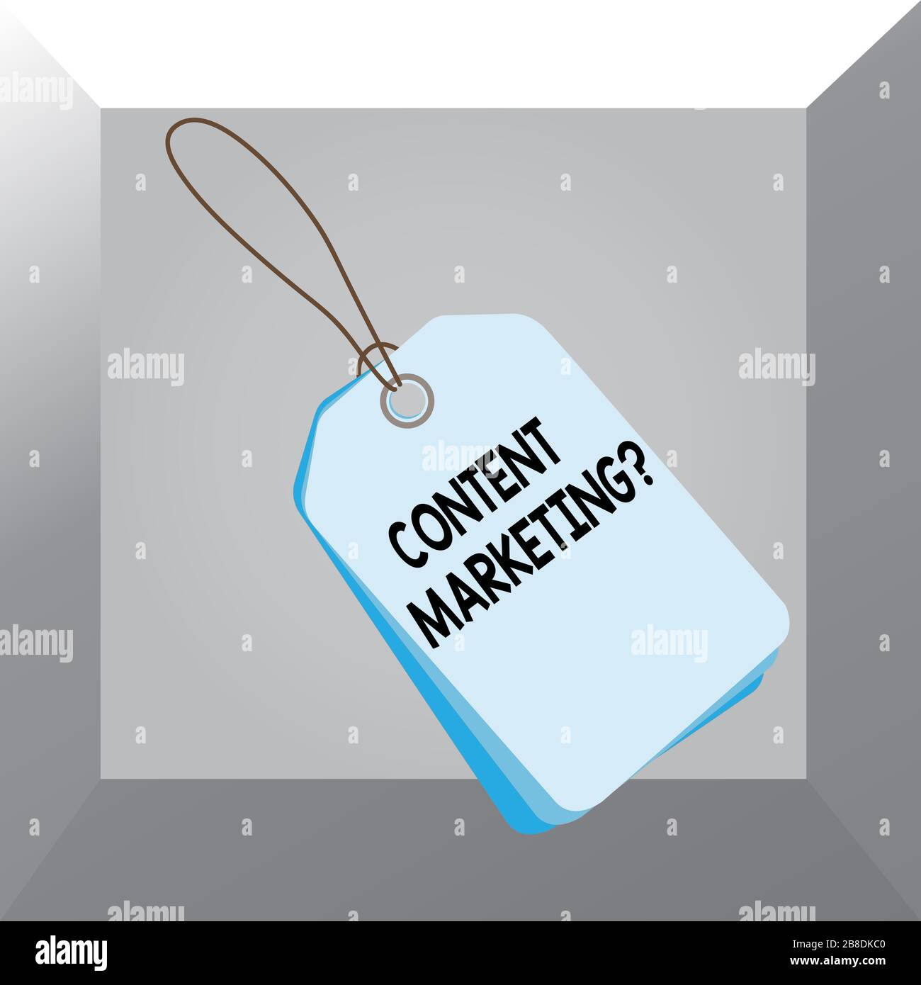 Conceptual hand writing showing Content Marketing Question. Concept meaning involves creation and sharing of online material Rectangle badge attached Stock Photo