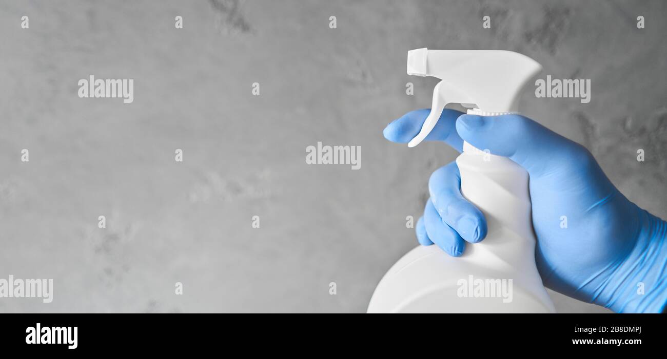 Disinfection, cleaning and washing. COVID-19. Prevention of coronavirus infection. closeup of a sanitizer from in white bottle. Stock Photo